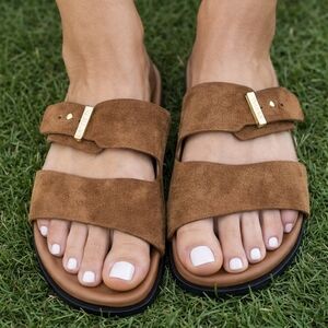 Varley Tan Suede Slide Sandals